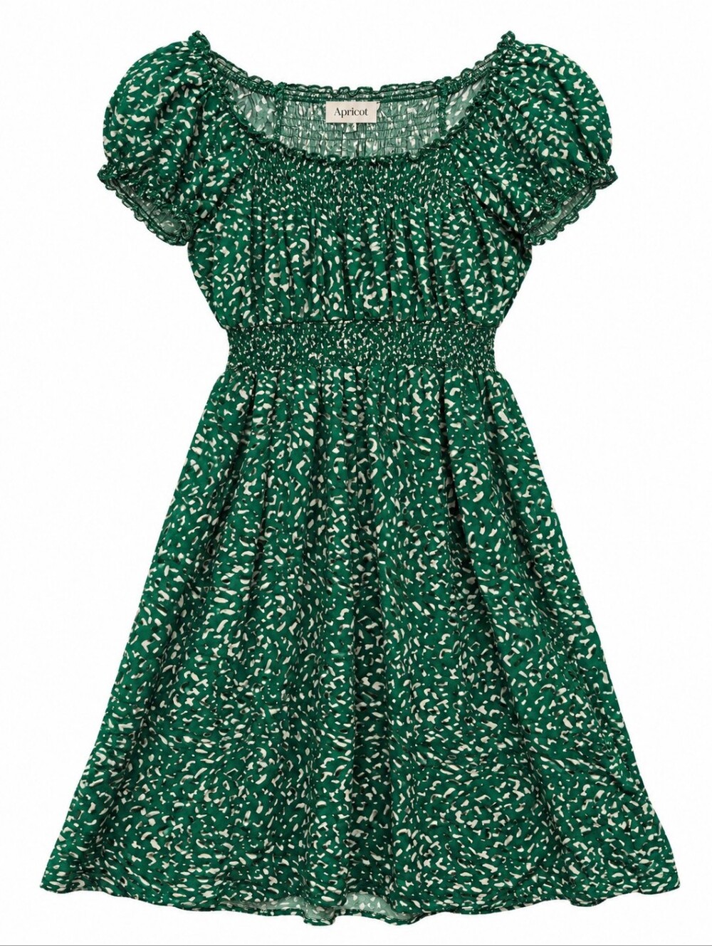 Apricot Green Smocked Waist Puff-Sleeve Mini Dress